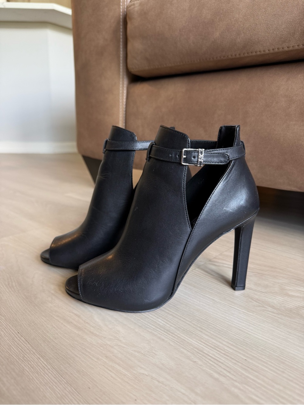 Women’s Black Peep-Toe Ankle Booties with Buckle Strap Michael Kors